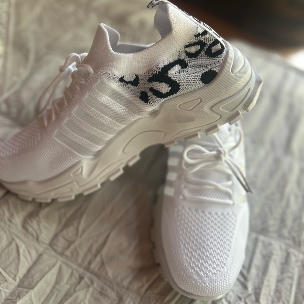 White Knit Sneakers with Black Pattern